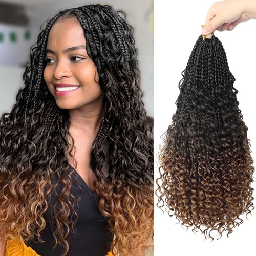 Boho Box Braids Crochet Hair 16 Inch Goddess Braids Crochet Hair Pre Looped Boho Crochet Braids with Curly Ends, Bohemian Box Crochet Braids for Black Women Knotless Synthetic Hair Extensions(1B-4-30)