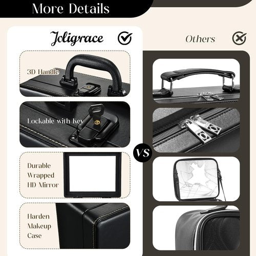 Joligrace Travel Makeup Case with Mirror, Makeup Organizer Case, PU Leather Makeup Train Case Portable Vanity Case Make up Box Countertop Storage Bag for Women,with Adjustable Dividers & Brush Holder