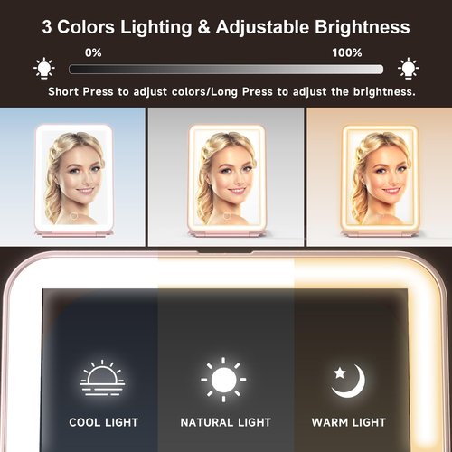 LED Foldable Travel Makeup Mirror - 5x7 inches 3 Colors Light Modes USB Rechargeable Touch Screen, Portable Tabletop Cosmetic for Travel, Cosmetic, Office (Rose Gold)