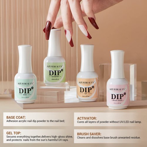 AZUREBEAUTY Clear Dip Powder for Nails, Essential Dipping Build Powder + 4+4Pcs Dip Powder Liquid Set 15ml/0.5oz