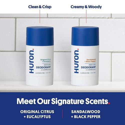 Huron Aluminum-Free Deodorant for Men - Clean & Woody Scent of Sandalwood & Amber - Neutralizes Odor for All-Day Protection - Non-Irritating - 3.2 Oz (2 Pack)