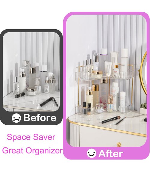 COMODID 2-Tier Clear Corner Bathroom Countertop Makeup & Perfume Organizer Shelf
