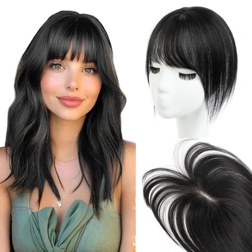 EonLuxe Jet Black Real Human Hair Topper with Bangs Covers Thinning Crown, Receding Hairline for Women 10inch Clip-In Hair Topper for Thinning Hair