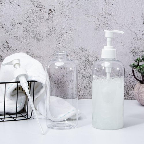 Yebeauty Plastic Pump Bottle, 4 Pack 17oz/500ml Stylish Shampoo Bottles Refillable Hand Pump Bottle Dispenser with Press for Massage Oil, Liquid Hand, Clear