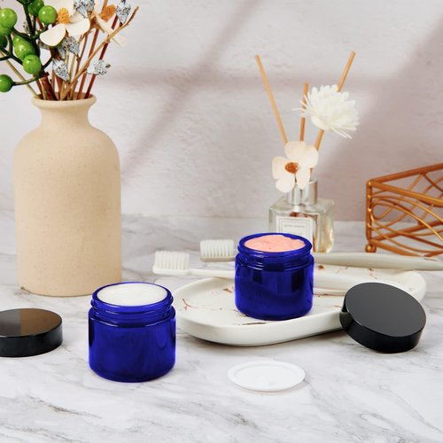 IRON BILL 1 Oz Blue Round Glass Jars with Inner Liners and Black Lids(24PCS) Empty Cream Containers Refillable Cosmetic Vials for Cosmetics, Lotions, Ointment, Body Scrubs & Balms