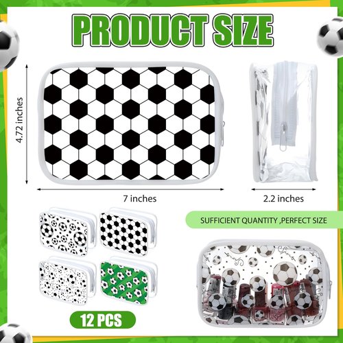 Meanplan 12 Pcs Soccer Theme Cosmetic Bag Clear PVC Makeup Bag Bulk Zippered Travel Toiletry Pouch Gift Accessories for Women Girls Birthday Party Favor Organizer