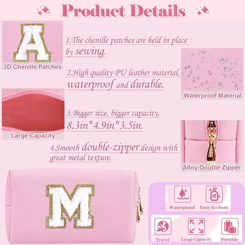 ONEDIGI Preppy Makeup Bag, Personalized Initial Letter Patch Makeup Bag, Large Capacity Cosmetic Bags for Women, Cute PU Leather Waterproof Travel Toiletry Bag for Teen Girls (Letter M,Pink)