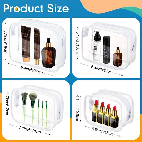 12 Pack Clear Cosmetic Bag Zippered Travel Toiletry Bags Transparent Makeup Pouch Portable PVC Waterproof Organizer 4 Sizes Plastic Carry Pouch for Women Men Travel Home Bathroom, White