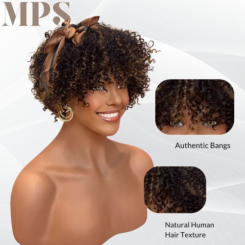 MPS Kinky Curly Wig with Bangs Blonde Highlight Wigs 3C-4A Coily Afro Curl Human hair Wig Short Human Hair for Black Women Ready to Wear