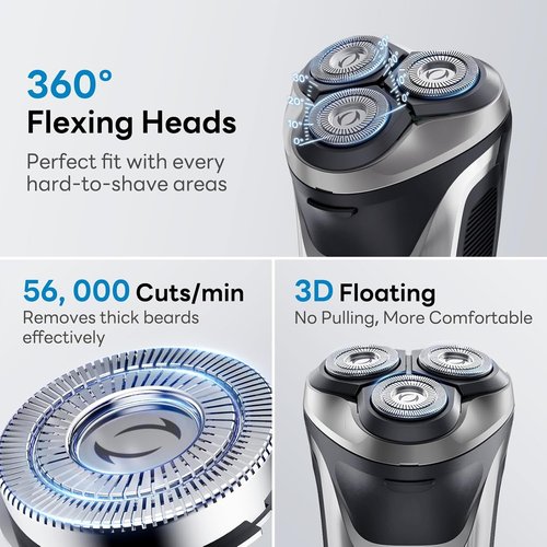 DOAO Electric Razor for Men, 100% Waterproof, Gentle on Sensitive Skin, Wet & Dry Rotary Electric Shavers for Men, Pop-up Beard Trimmer, 120 Min Shaving, 1.5H Fast Charge, Ergonomic Men's Shaver