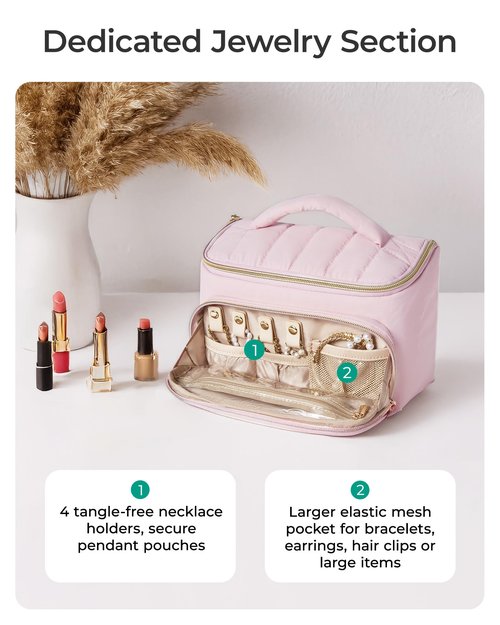 BAGSMART Travel Makeup Bag with Jewelry Organizer, Portable Make Up Bag, Puffy Wide-Opening Cosmetic Storage Pouch for Women’s Toiletries and Travel Essentials (Black)