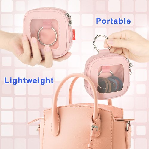Homakover Hair Tie Organizer Bag with Clear Window, PU Leather Portable Hair Tie Holder with O Ring, Hanging Storage Container for Hair Accessories Cotton Swab Bobby Pin Small Items