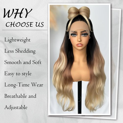 SOKU Lace Front Wavy Wigs for Women 30 Inch Ombre Blonde Body Wave Synthetic Hair Triple Tones T Part Transparent Swiss Lace Front Wig for Women