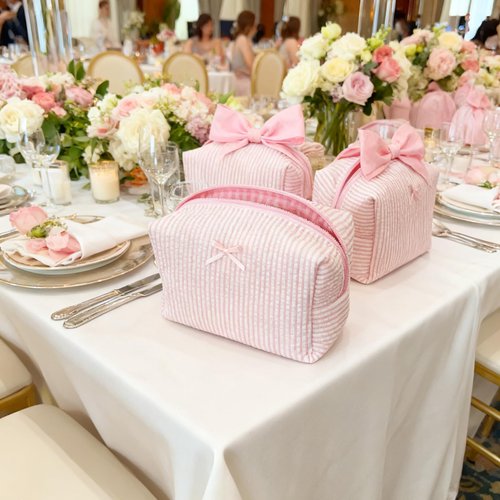 10 Pcs Cotton Quilted Makeup Bag Bulk Bow Stripe Cosmetic Pouch Make up Bag Bridesmaid Gifts Makeup Pouch with Zipper Travel Portable Case Preppy Gifts for Women (Pink)