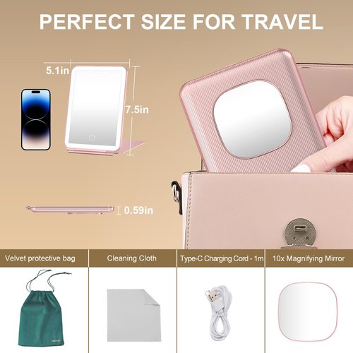 LED Foldable Travel Makeup Mirror - 5x7 inches 3 Colors Light Modes USB Rechargeable Touch Screen, Portable Tabletop Cosmetic for Travel, Cosmetic, Office (Rose Gold)