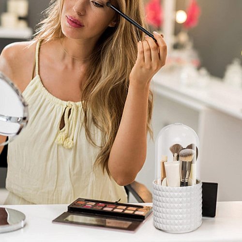Makeup Brush Holder Organizer with Lid,360° Rotating Dustproof Make Up Brushes Container with Clear Acrylic Cover, Spinning Cosmetics Holders Storage Cup with 5 Compartment for Vanity and Bathroom