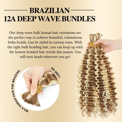 Syrenlore Highlighted Multi-Blonde 27/613 Braiding Hair for Boho Braids, Ombre Deep Wave Human Hair Bulk 22 Inch 50G LIGHT BULK