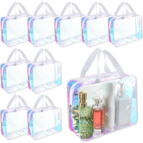 Sweetude 10 Pcs Large Clear Toiletry Bag Large Capacity Travel Iridescent Makeup Bag PVC Clear Plastic Tote Punch Cosmetic Clothes Organizer for Women Men(White)