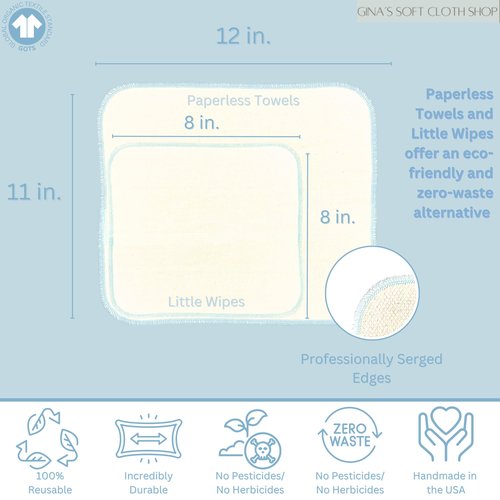Gina's Soft Cloth Shop 2 Ply Organic Flannel Washable Baby Wipes 8 x 8 Inches Set of 10 Rainbow Assortment- Proudly Made in The USA!
