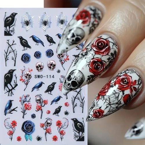Halloween Nail Art Stickers Decals 2PCS 5D Embossed Skull Nail Art Decals Crow Spider Web Nails Supplies Branch Blue Red Flowers Skull Spider Designs Stickers Halloween Manicure Decorations for Women