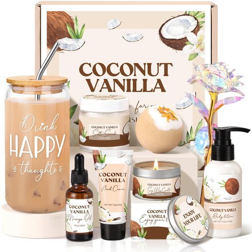 Spa Gift Baskets for Women, Vanilla Coconut Bath and Body Gifts Set for Women, Home Spa Self Care Gift, Relaxing Bath Set for Mom Wife Sister Friends Sister Girlfriend, Mother’s Day Thank You Gifts