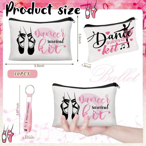 Kacctyen 20 Pcs Dance Gifts Bulk Dance Makeup Bag for Women Ballet Dancer Cosmetic Bag and Silicone Quote Keychains Stuff Class Prizes Party Favor Back to School Gift for Team