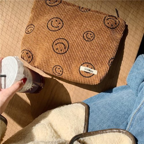 BIVIZKU Travel Checkered Makeup Bag, Corduroy Cosmetic Bag for Purse, Small Cosmetic Zipper Pouch Cute Travel Checkered Makeup Bag Gift for Women,Girls (brown smile)