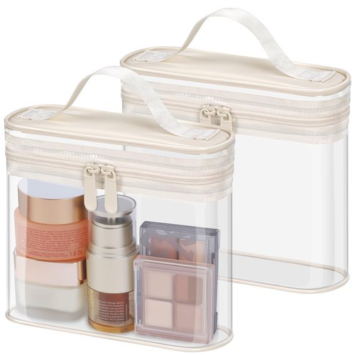 PACKISM TSA Approved Toiletry Bag, 2-Pack Quart Size Clear Makeup Bag for Women, 3-1-1 Compliant Clear Travel Bag for Toiletries with Heavy-Duty PVC, Dual Zipper for Airport Security, Beige
