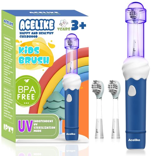 Acelike UV Self Clean Kids & Toddlers Electric Toothbrush | Improve Safe and Hygiene | Soft Bristles | Easy-Grip Silicone Handle | 4 Modes & 2-Min Timer | One Charge Last 60 Days | Age 3+ (Blue)