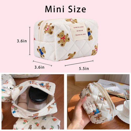 uekeboag Cute Small Quilted Cotton Makeup Pouch for Women and girls,Coquette Quilted Toiletry Bag,Animal Coquette Mini Bag, Kawaii Travel Cosmetic Bags(01Little Bear)