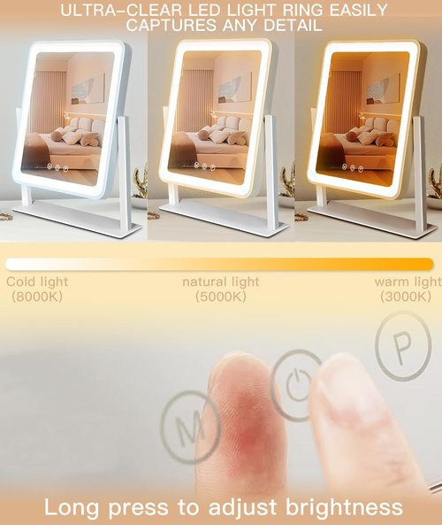 Irosiy Lighted Makeup Mirror, Hollywood Vanity Mirror, 3 Color Lighting Modes, 360° Rotation, HD Glass Mirror, and 10X Magnification Mirror Smart Touch Control for Home & Travel (White)