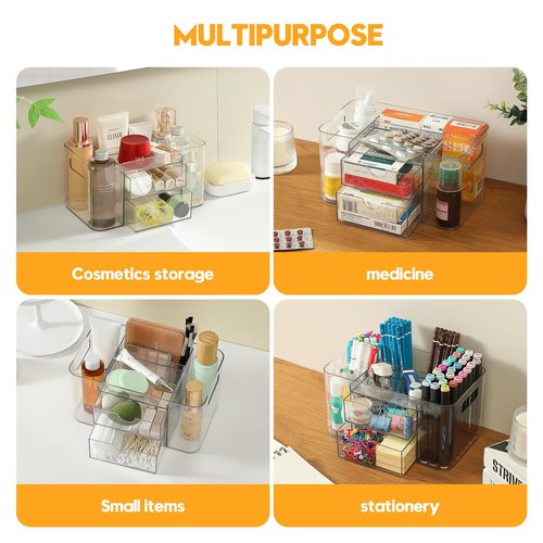 Imakmasion Acrylic Makeup Organizer for Countertop – 2 Drawers & 3 Compartments, Clear Storage Bin. Multi-use for Skincare, Cosmetics, Jewelry & Small Accessories, fits Vanity, Bathroom, Office, Craft