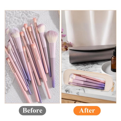 Psyqtsuary Small Clear Makeup Bag, PU Leather Travel Makeup Brush Case Portable Transparent Waterproof Cosmetic Organizer Pouch with Zipper for Women Home Travel Office Makeup Storage (White)