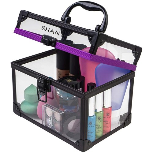 SHANY Clear Cosmetics and Toiletry Train Case - Clear Travel Makeup Bag Case Organizer with Secure Closure and Black/Purple Accents - Large