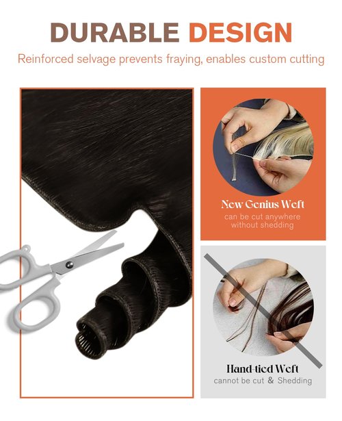 Sunny Hair Genius Weft Hair Extensions Human Hair Dark Brown Genius Sew in Hair Extensions Real Human Human Hair Brown Hand Tied Hair Weft Extensions for Women Real Hair Short Straight Hair 14inch