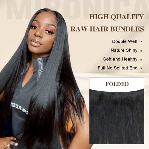 MIRONICA Straight Human Hair Bundles 24 Inch 12A Brazilian 1 Bundles Human Hair 100% Unprocessed Virgin Hair Double Machin Weft for Black Women Natural Black Color Hair Extensions