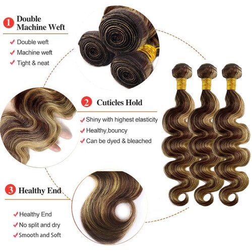 Dokksiiia Honey Blonde Body Wave Bundles Human Hair Ombre P4/27 Dark Brown and Honey Blonde (#4 & #27) Mix Highlight Piano Color Bundles Brazilian Human Hair Extensions 10 12 14 Inch for Black Women