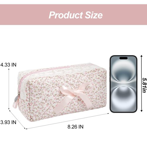 SXS LACONIC Quilted Makeup Bag,Travel Coquette Cosmetic Brush Pouch,Cute Bow Floral Make up Organizer Handbag,Large Capacity Toiletry Bag