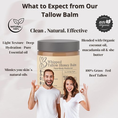 B.Chartier Beef Tallow for Skin- Tallow Balm for face- Tallow Face Moisturizer - Beef Tallow Moisturizer- Tallow and Honey Balm - Grass Fed Beef Tallow For Skin - Tallow Face Cream Lotion (8.0 oz)