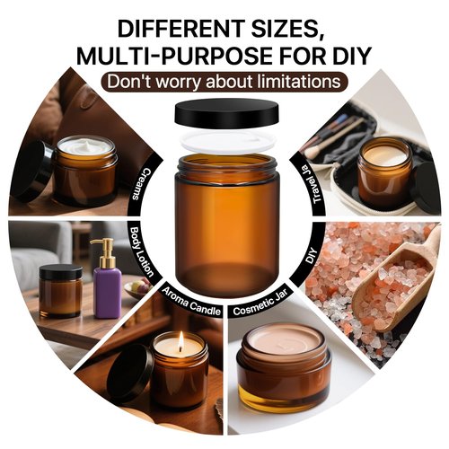 8oz, 4oz, 2oz and 1oz Amber Glass Jars with Lids, 8-Pcs Amber Jars with Inner Liners, Round Dark Jars for Making Candle, Cosmetice Container, Lotion Jar, with Sticker and 8p Spatulas