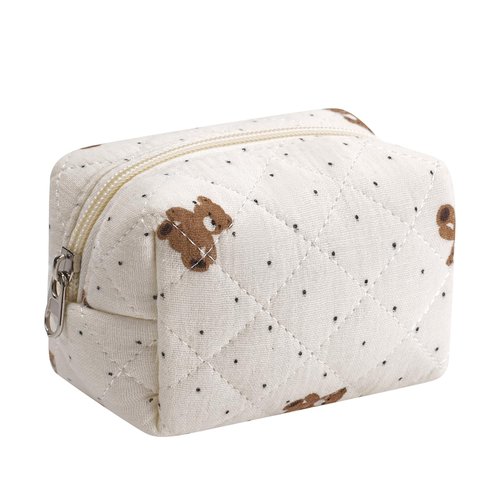 Cute Cotton Mini Cosmetic Bags for Purse,Featherweight Small Quilted Makeup Bag with Zipper, Lipstick Pouch Organizer for Women Girls(02Small Bear)