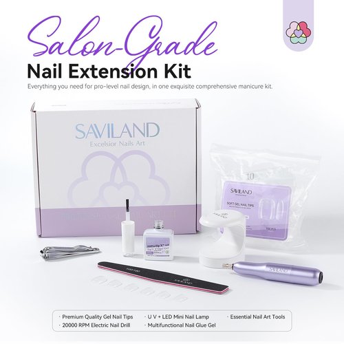 SAVILAND Advanced Gel Nail Kit: 500 Pcs Extra Short Square Nail Tips with Drill Salon Grade 30-Day Strong Hold Gel Nail Tips 12 Sizes Fake Nails with Glue & Nail Lamp Complete DIY At Home Nail Kit