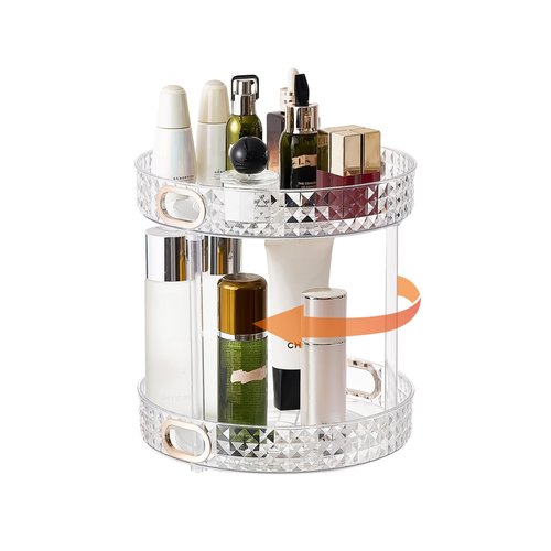 Xonusin 360° Rotating Makeup Organizer, 2 Tier Large Perfume Organizers with Portable Handle for Vanity Bathroom Countertop, Bathroom Counter Organizer for Cosmetics Skincare Perfume