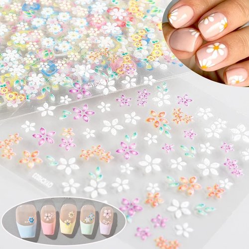 30Sheets Flower Nail Stickers 3D Self-Adhesive Colorful Flowers Cherry Blossoms Rose Daisy Nail Art Stickers Spring Summer Flower Nail Design Supplies DIY Heart Floral Bow Nail Decoration Charms Tips