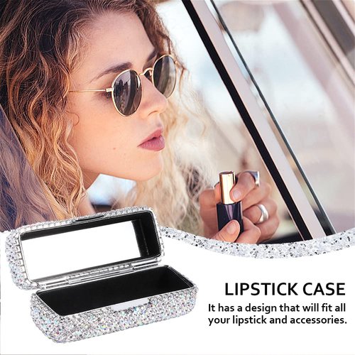 Homfanseec Rhinestone Lipstick Case with Mirror, Bling Crystal Lipstick Case Diamonds Makeup Cosmetic Storage Box Holder for Purse Ladies Fashion (Silver Color)