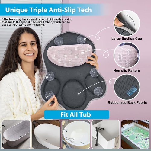 JUSDOO Luxury Bath Pillows for Tub – Extra Thick Non-Slip Bathtub Pillow with Rubber Back, Head & Neck Support for Soaking, Spa Bath Accessories, for Women, Fits All Bathtubs (Gray)