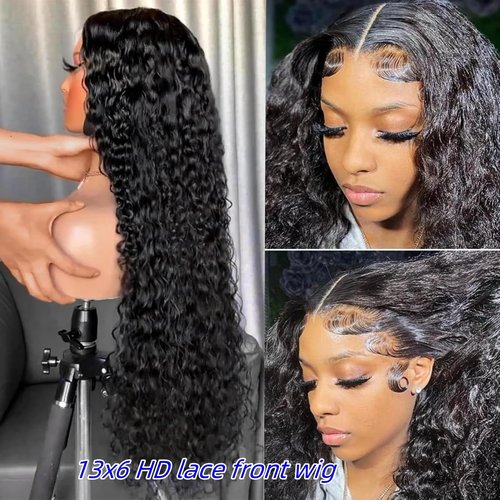 BEEKERKER 13x6 Deep Wave Lace Front Wigs Human Hair 220 Density HD Transparent Pre Plucked Deep Curly Frontal Wigs Human Hair for Women Natural Black 22 Inch