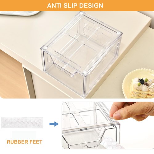 KOKOIN Stackable Makeup Organizer Storage Drawers Set of 4, Clear Plastic Organizer Bins for Beauty Supplies,Ideal for Vanity, Bathroom,Cabinet,Pantry Organization (4 Short)