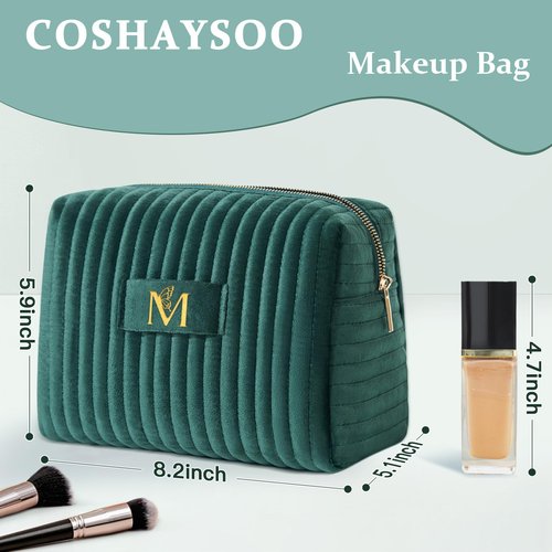 COSHAYSOO Personalized Fall Gifts for Women 30th 40th Birthday Unique New Mom Mother Wife Girlfriend Gift Ideas, Initial Quilted Makeup Bags Travel Green Cosmetic Velvet Skin Care Pouch Letter M