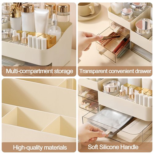 DASITON Makeup Organizer with 3 Drawers,Skincare and Cosmetics Organizer Countertop,Makeup Organizers and Storage with Brush Holder,Large Cosmetic Display Case for Vanity,Desk,Bathroom,Bedroom(Cream)